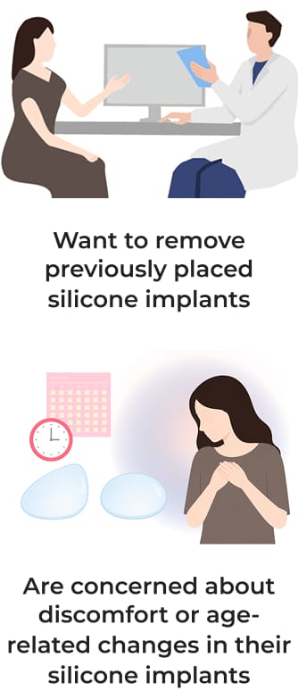 Want to remove previously placed silicone implants, concerned about discomfort or age-related changes in silicone implants