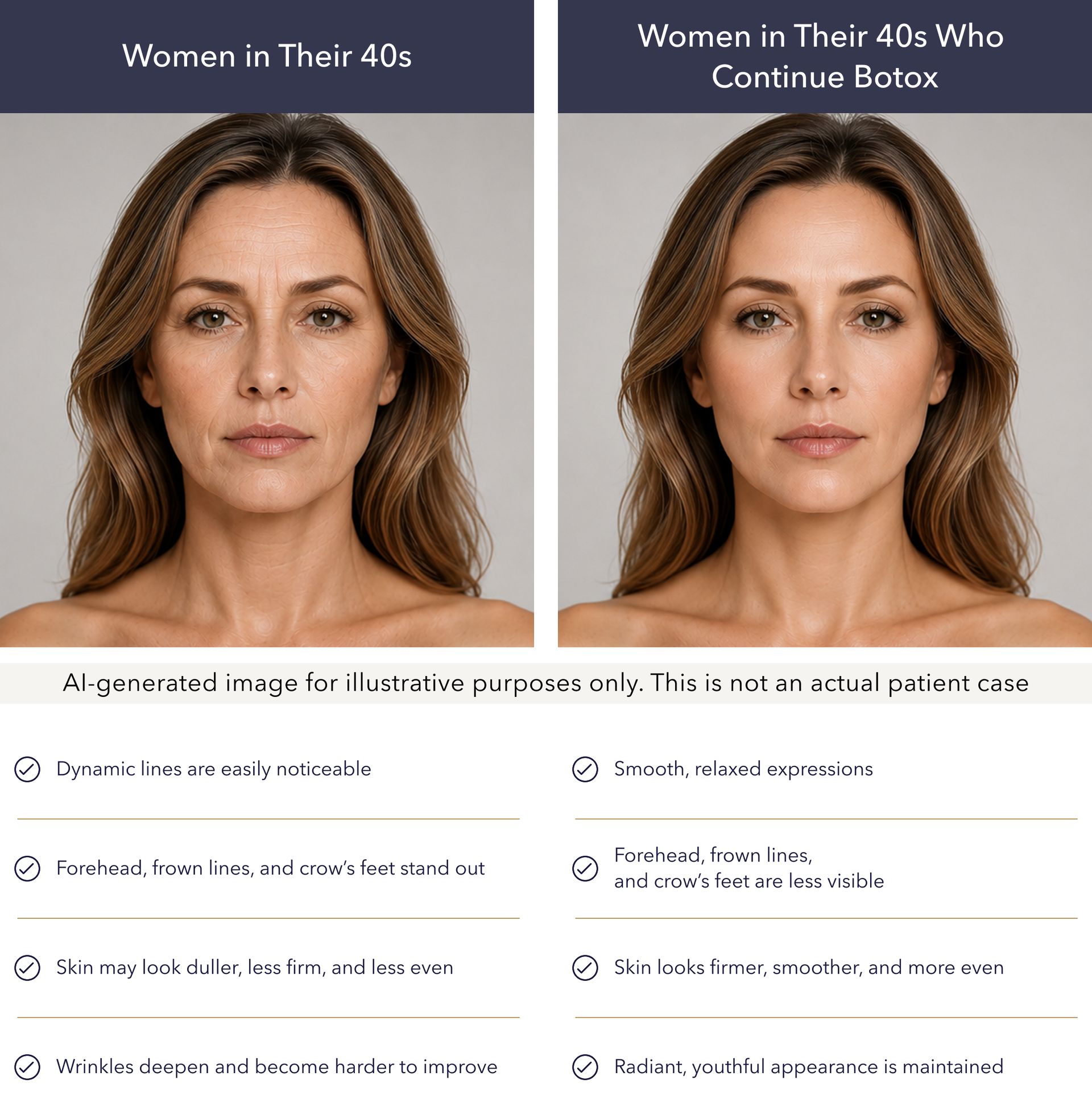 Illustrative comparison of continuing versus stopping Botox in 40s