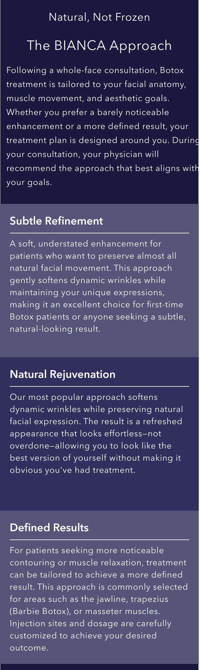 Text banner comparing three Botox approach levels: subtle, natural, defined