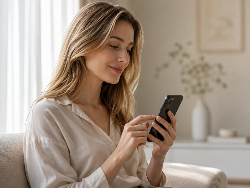 Woman relaxing at home while checking phone