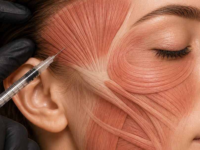 Facial muscle anatomy diagram overlaid on profile with injection point