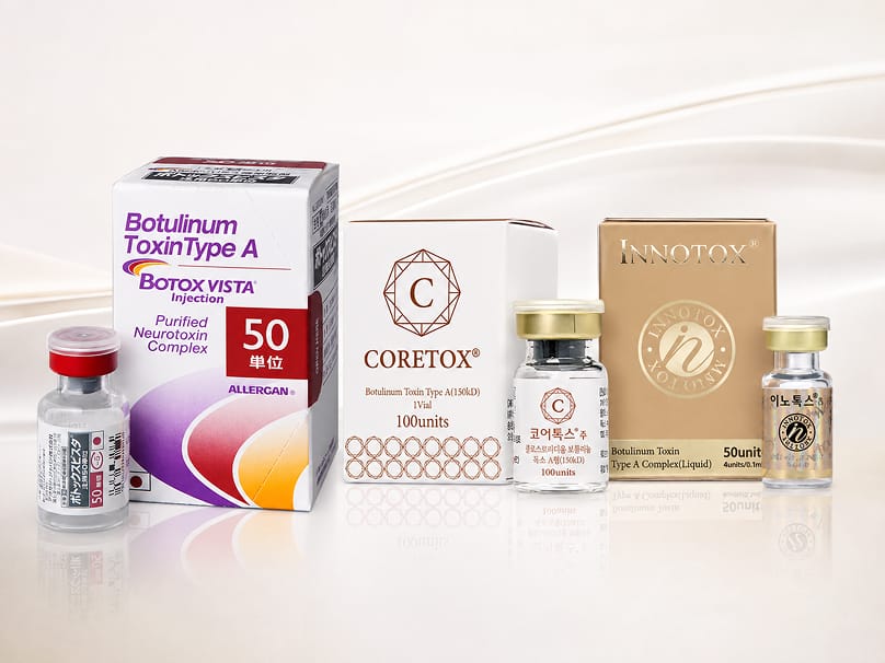 Three botulinum toxin product boxes: BOTOX Vista, Coretox, and Innotox