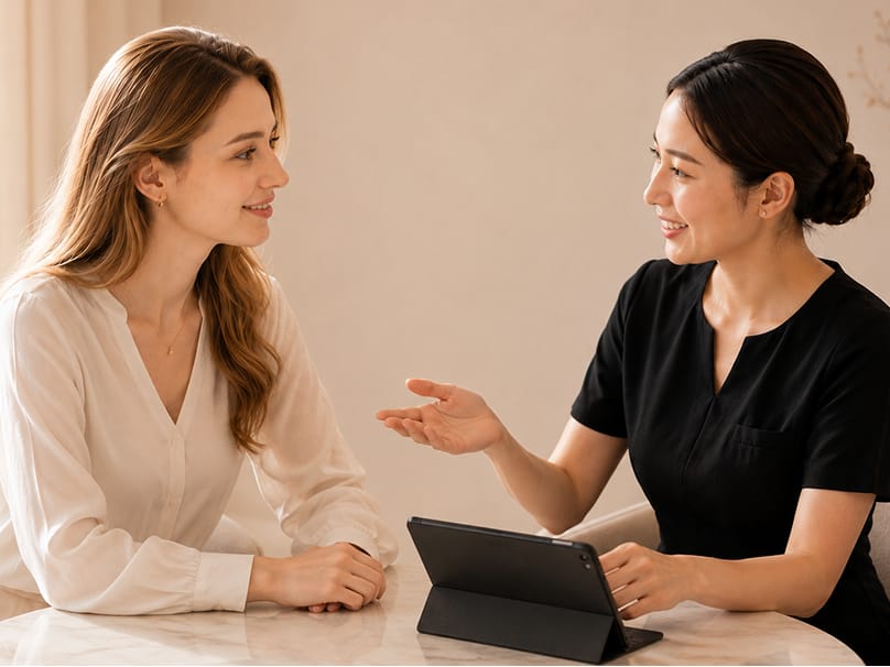 Consultation between patient and staff with tablet
