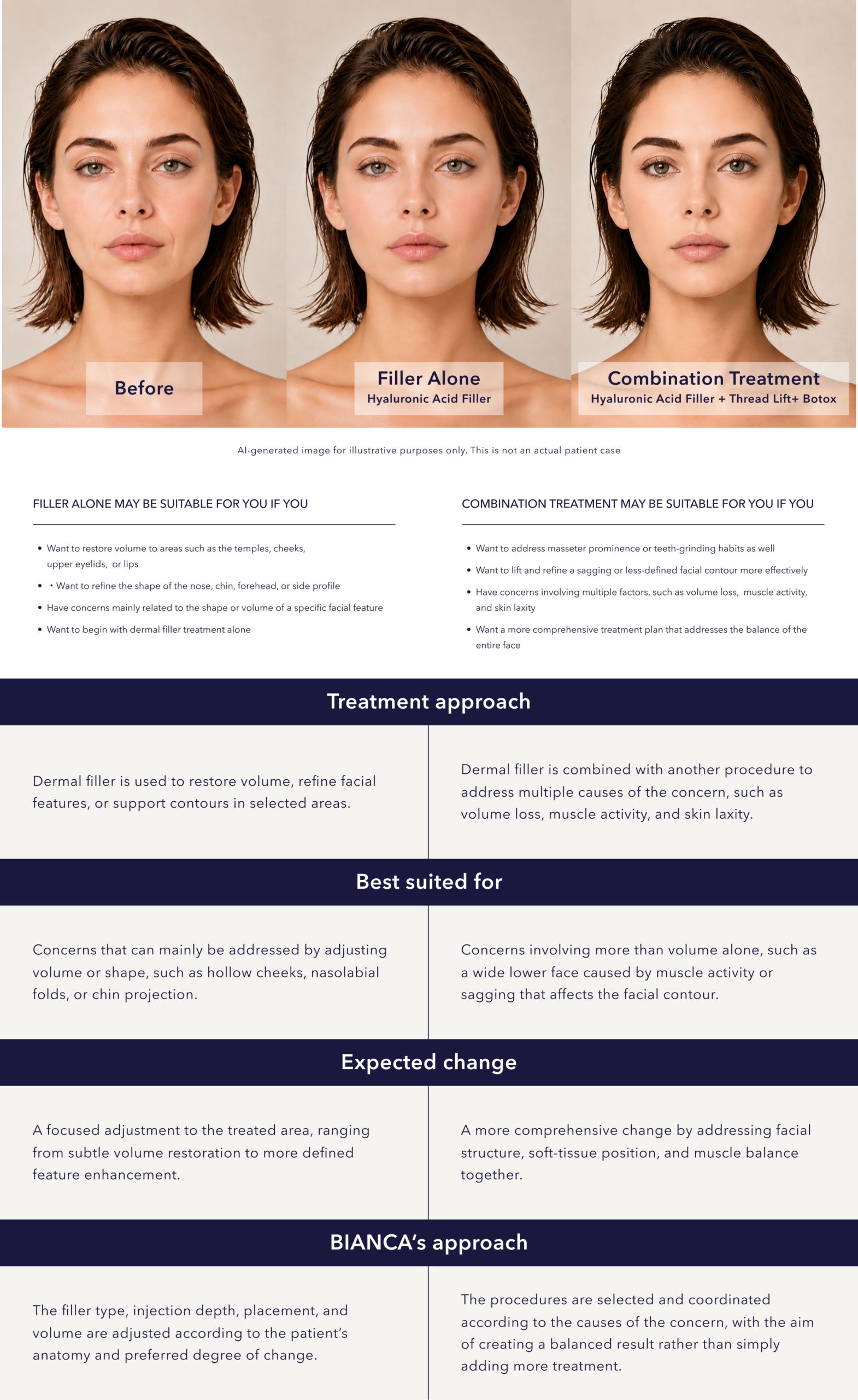 Illustrative comparison chart: filler alone versus combination treatment options