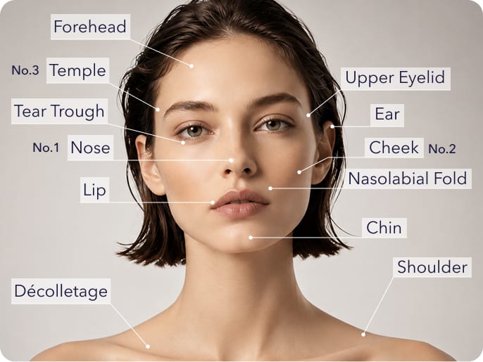 Facial filler treatment areas diagram: forehead, temple, cheek, chin, nasolabial fold, and more