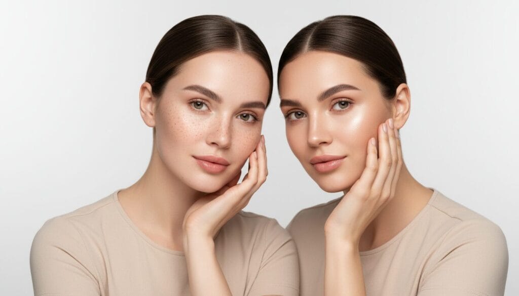 Two women with glowing skin after laser treatment are standing side by side.