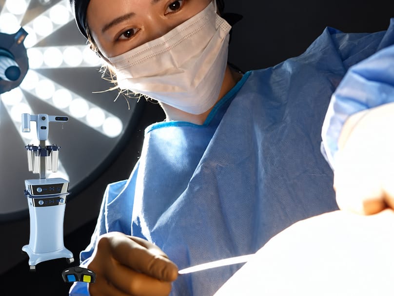 Physician performing liposuction in an operating room