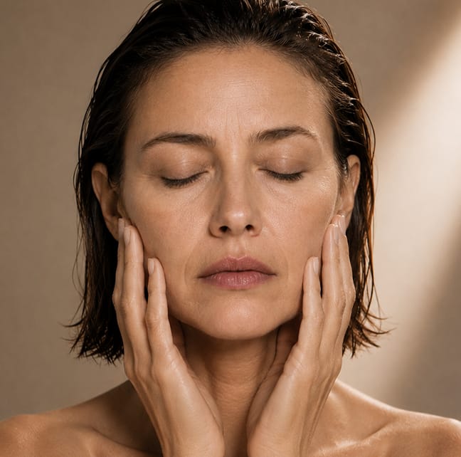 Woman with eyes closed holding her jawline and cheeks