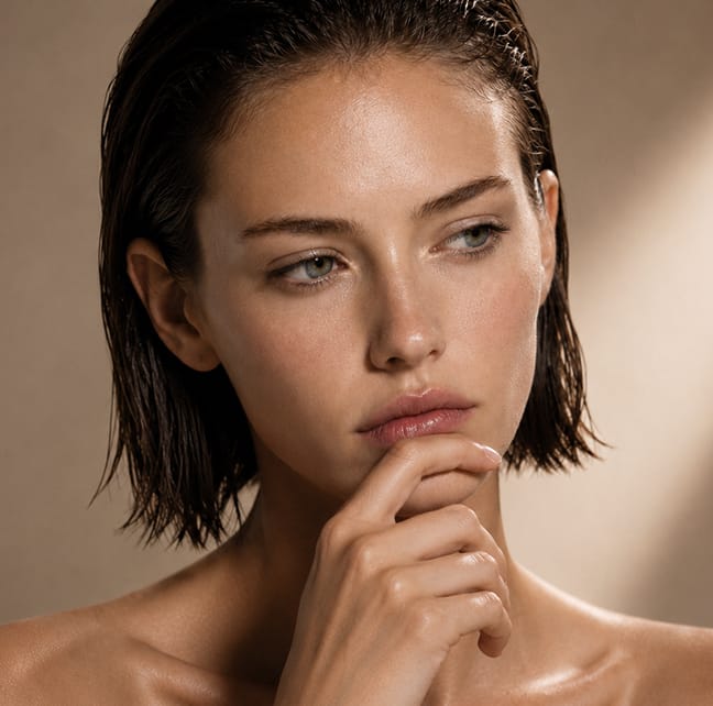 Woman touching her chin while considering a non-surgical lifting treatment