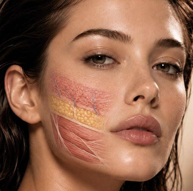 Woman's cheek with a cutaway view of skin layers for multi-depth tightening treatment
