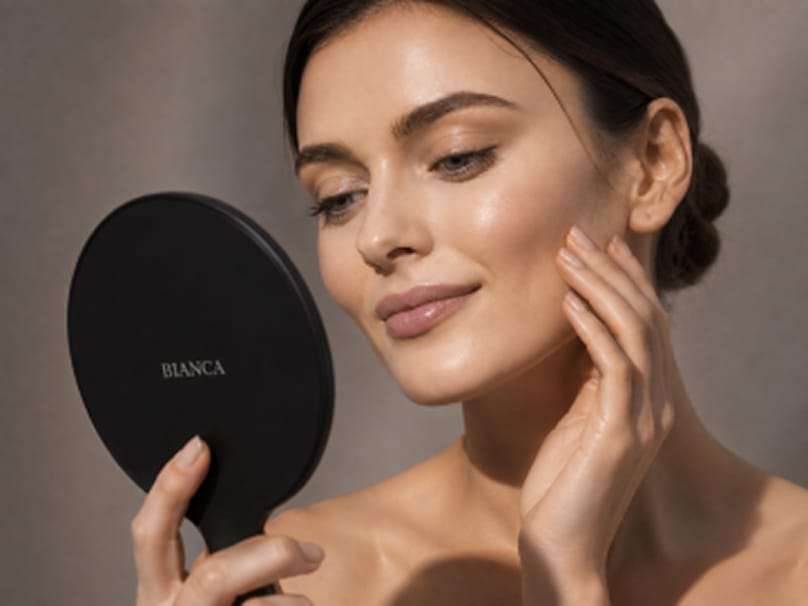 Woman checking her face in a hand mirror for a natural, balanced result