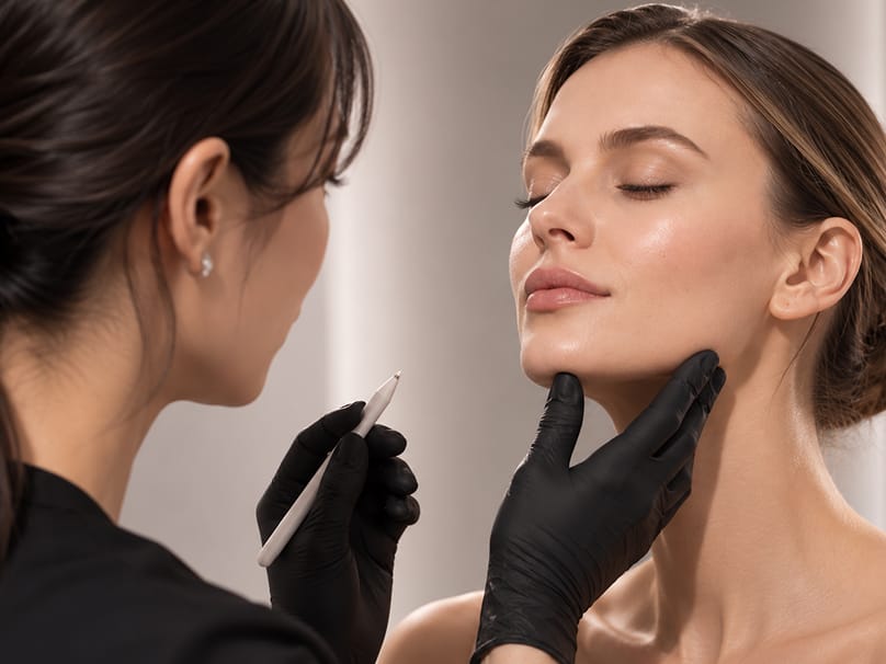 Physician examining a patient's face to plan a treatment guided by medical expertise