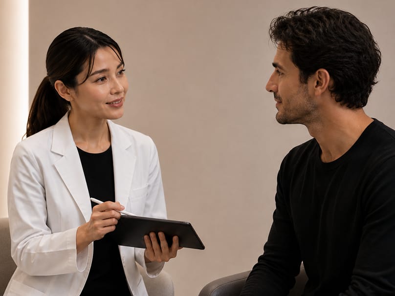 Physician consulting with a male patient about a comprehensive treatment approach