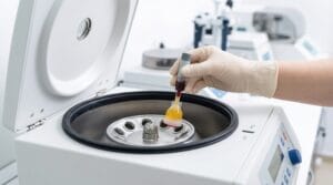 Gloved hand setting a blood collection tube into a centrifuge machine