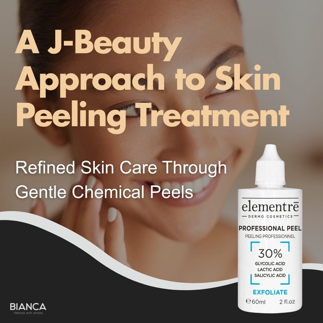 elementre 30% Glycolic Lactic Salicylic Acid Professional Peel bottle with a smiling woman, promoting J-Beauty gentle chemical peel skin treatment by BIANCA.