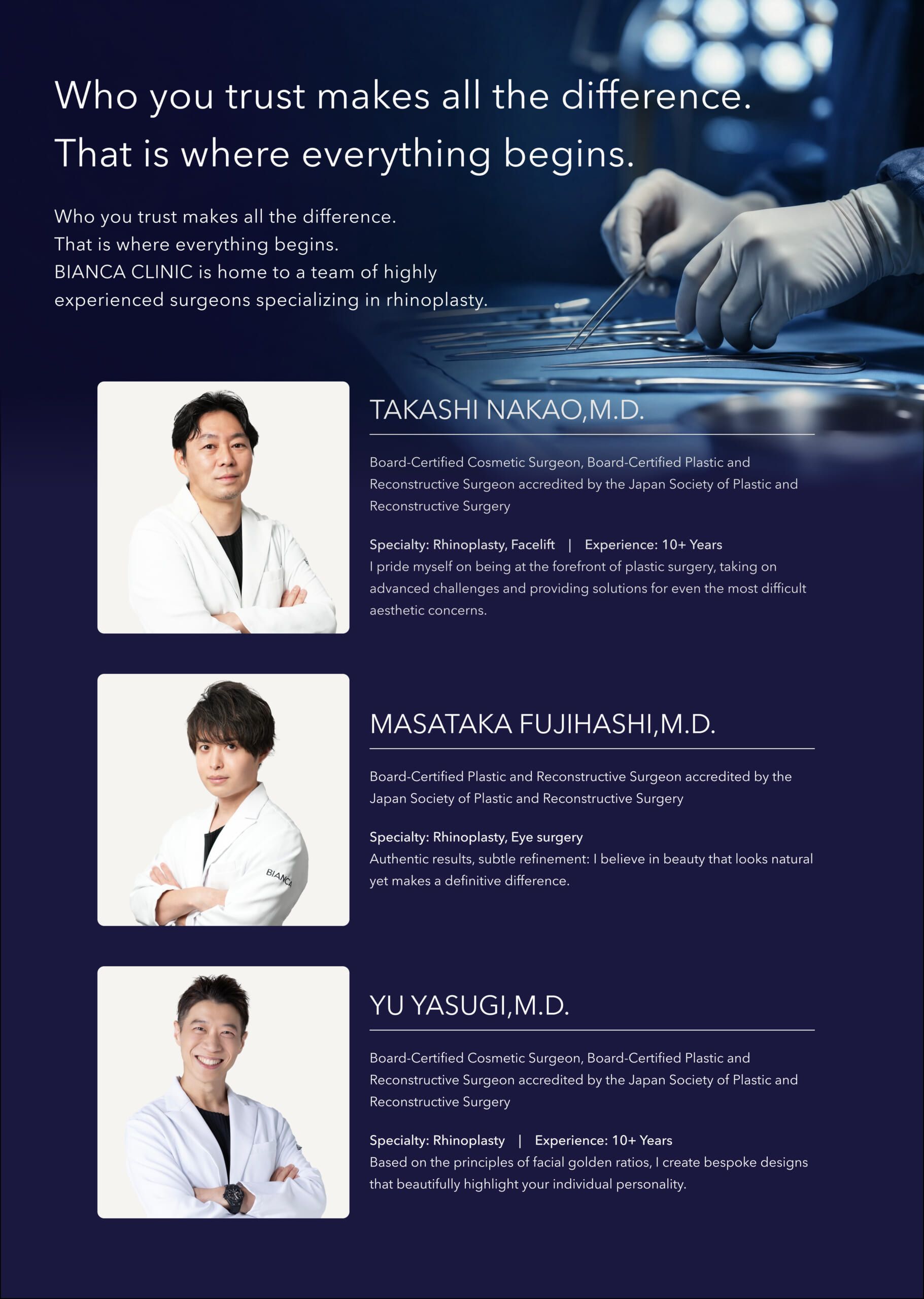 Experienced rhinoplasty specialist surgeons at BIANCA CLINIC offering expert nose plastic surgery in Japan.