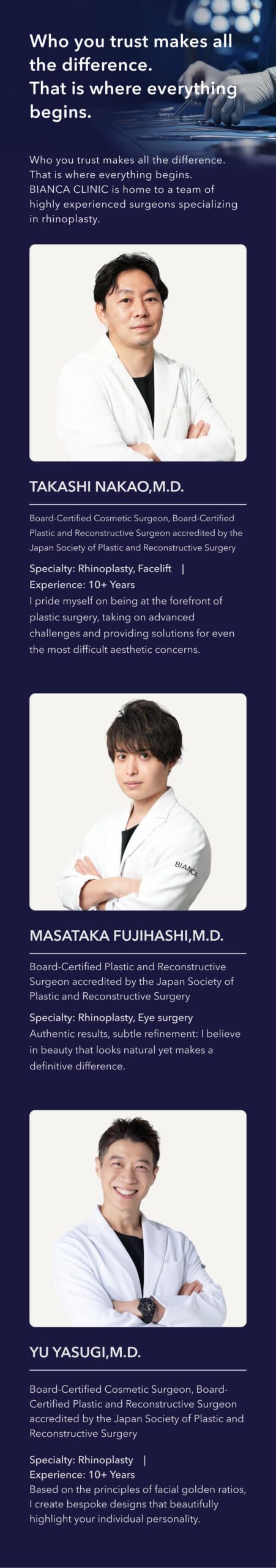 Experienced rhinoplasty specialist surgeons at BIANCA CLINIC offering expert nose plastic surgery in Japan.