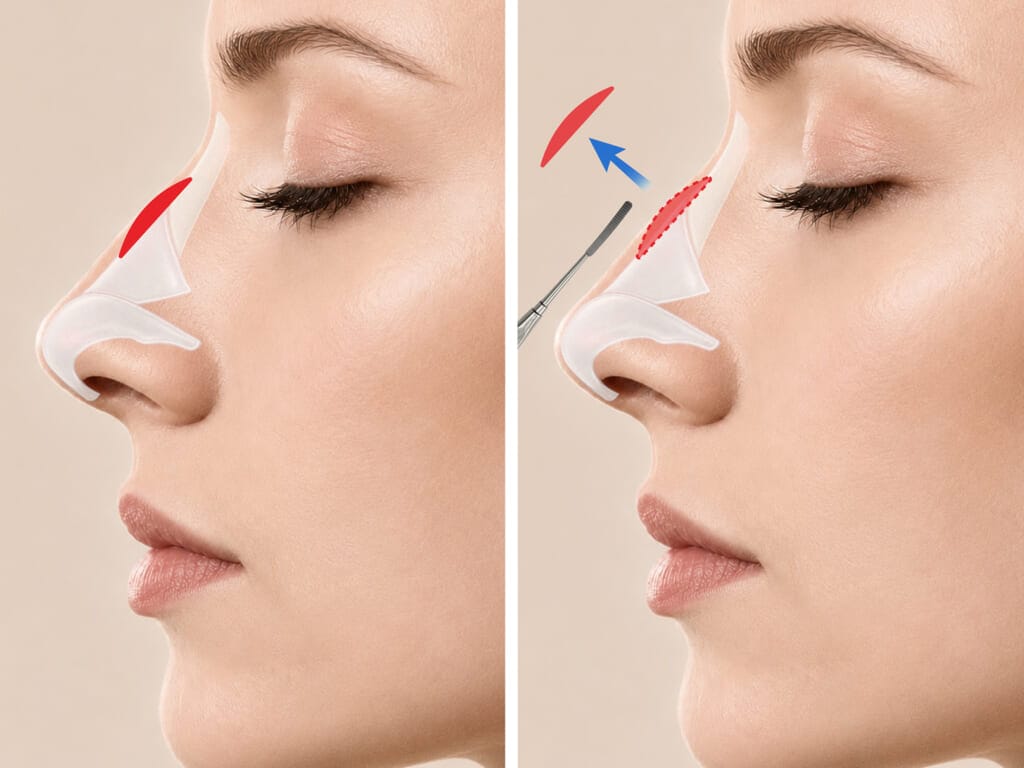 Medical illustration of closed hump removal rhinoplasty showing how a dorsal bump is shaved for a smoother nasal bridge.