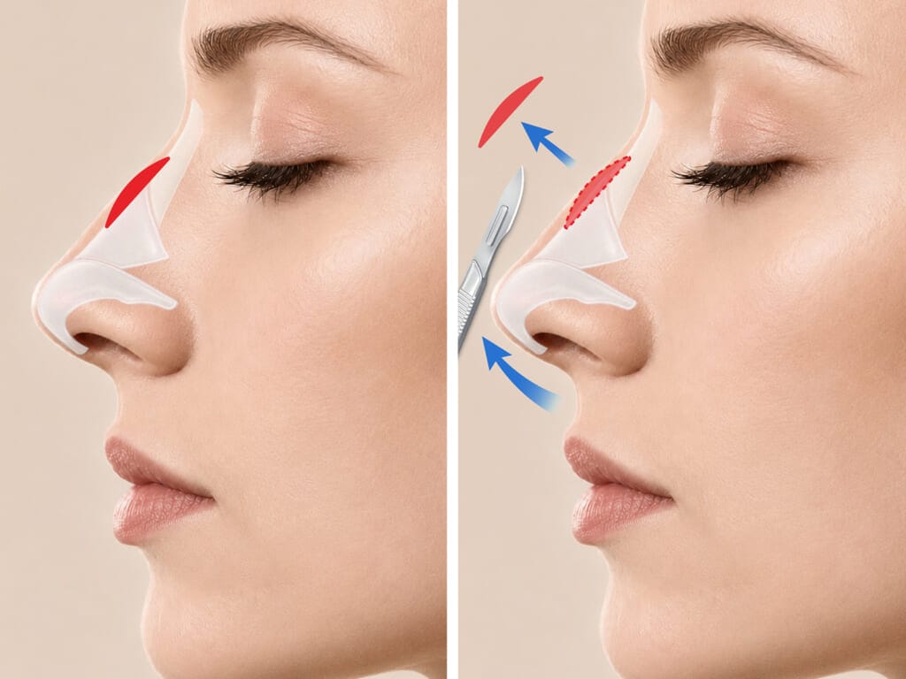 Medical diagram illustrating dorsal hump and hooked nose correction by shaving protruding bone and refining nasal structure.