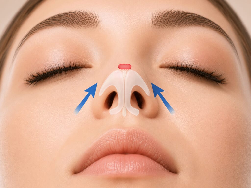 Basal view illustration showing bulbous tip reduction by removing fat and suturing alar cartilages together.