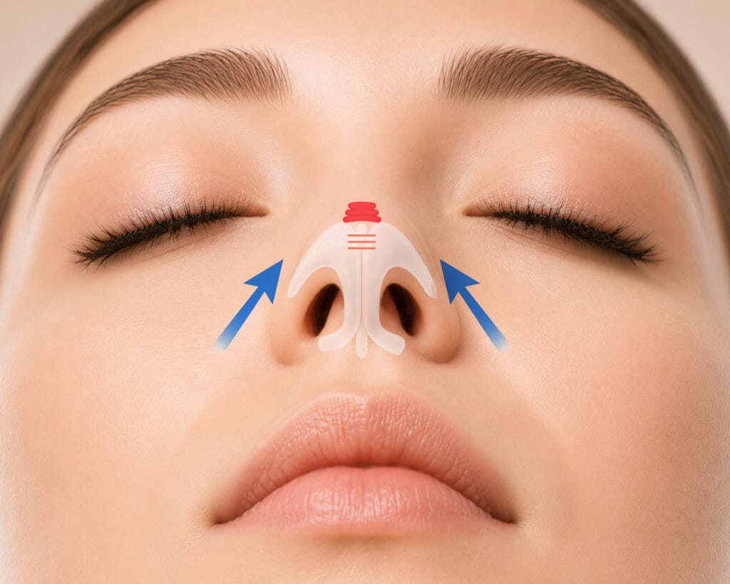 Basal view medical diagram of tip plasty showing alar cartilage suturing and tip projection for bulbous or undefined nasal tips.