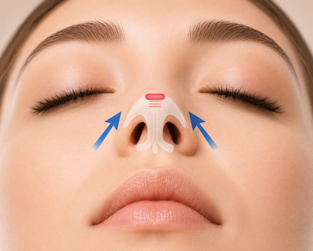 Basal view medical diagram showing onlay cartilage graft placed after alar cartilage suturing for nasal tip refinement.