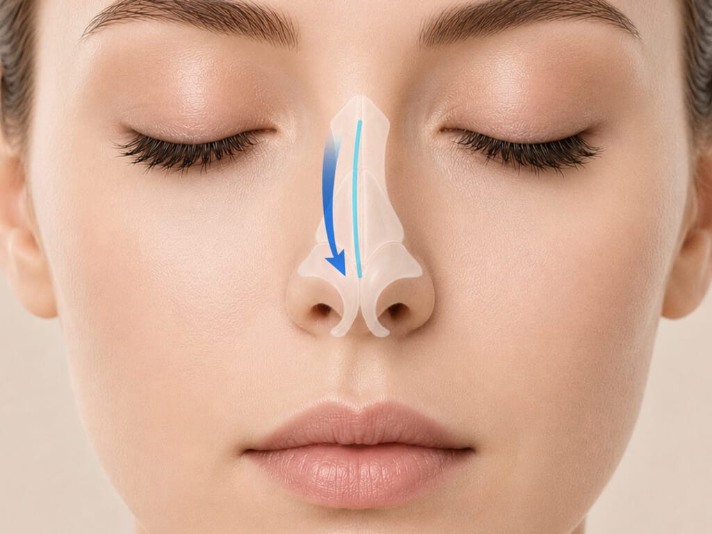 Frontal view medical diagram showing deviated nose correction by realigning crooked nasal bone and cartilage to a straight axis.