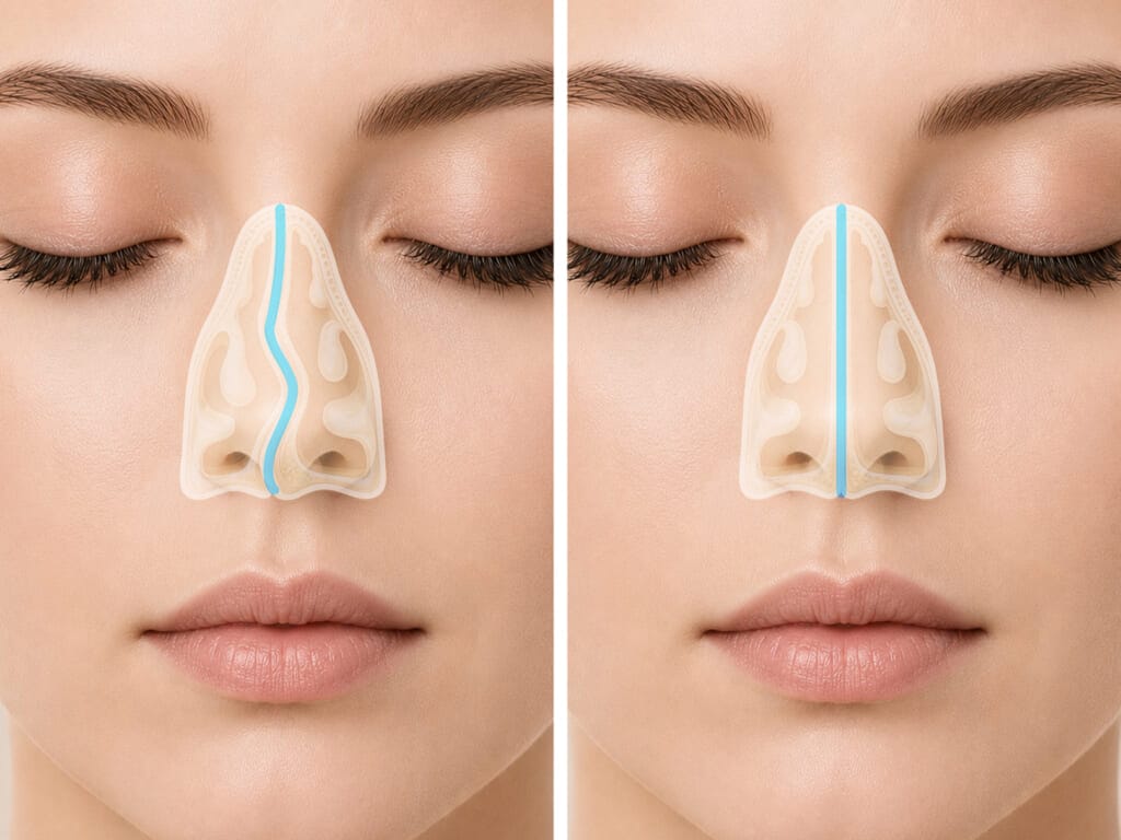 Frontal view medical diagram showing septoplasty to correct a deviated nasal septum for improved nasal alignment and airflow.