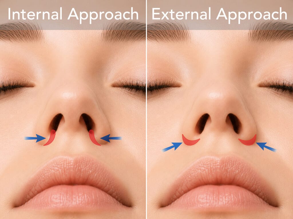 Two-panel medical diagram comparing internal and external alar reduction approaches to correct wide or flared nostrils.