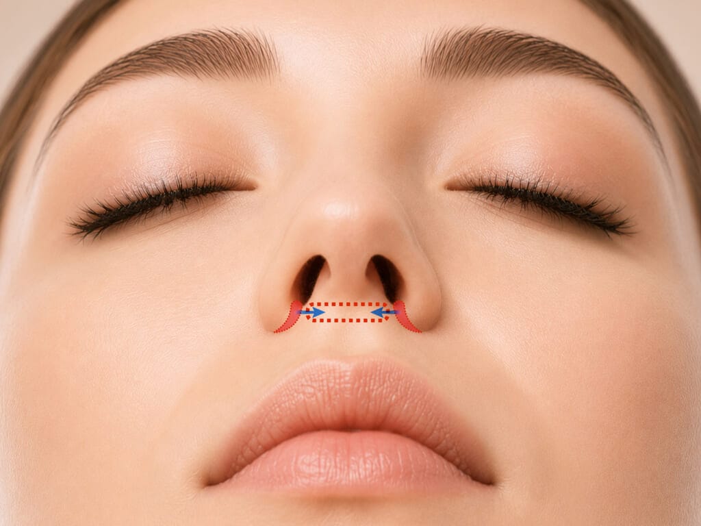 Basal view medical diagram of flap technique alar reduction showing soft tissue flap tunneling to narrow flared nostrils.