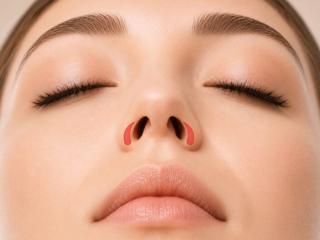 Medical diagram showing incision area for Nostril Rim Elevation, highlighting lower nostril rim to improve ACR balance.