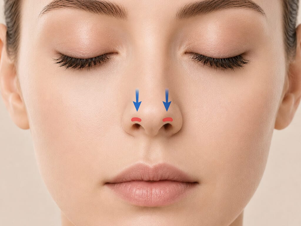 Medical diagram for Nostril Rim Lowering, with arrows showing cartilage graft placement to lower elevated nostril rims.