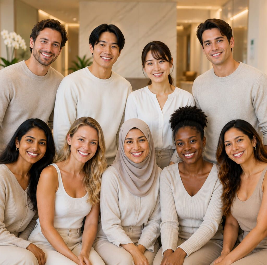 A diverse group of smiling international patients representing BIANCA CLINIC's global medical tourism.