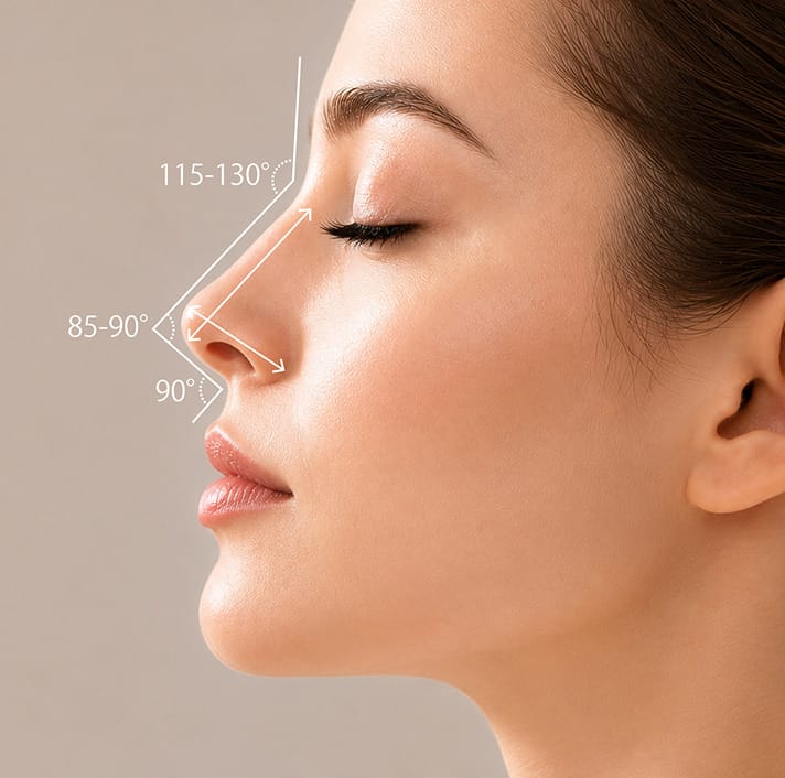 Side profile of a woman's nose with ideal facial angle measurements for natural rhinoplasty planning.