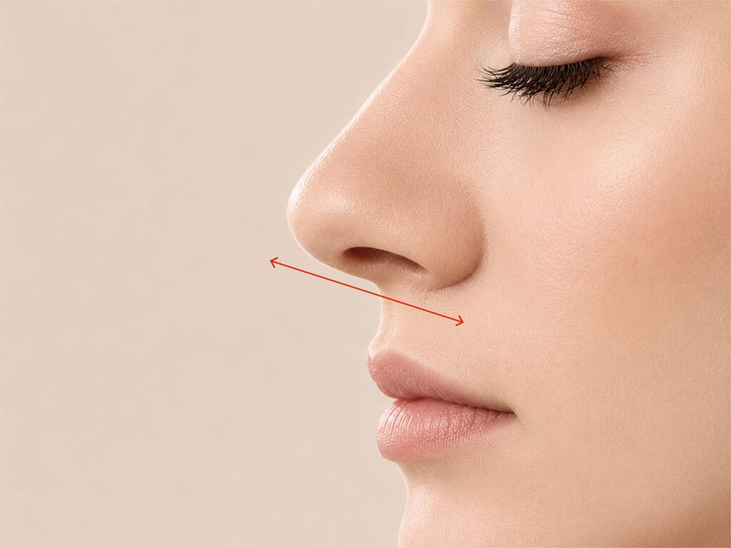 Side profile of a woman's nose with a red dotted line highlighting the nostrils for wide nose reduction.