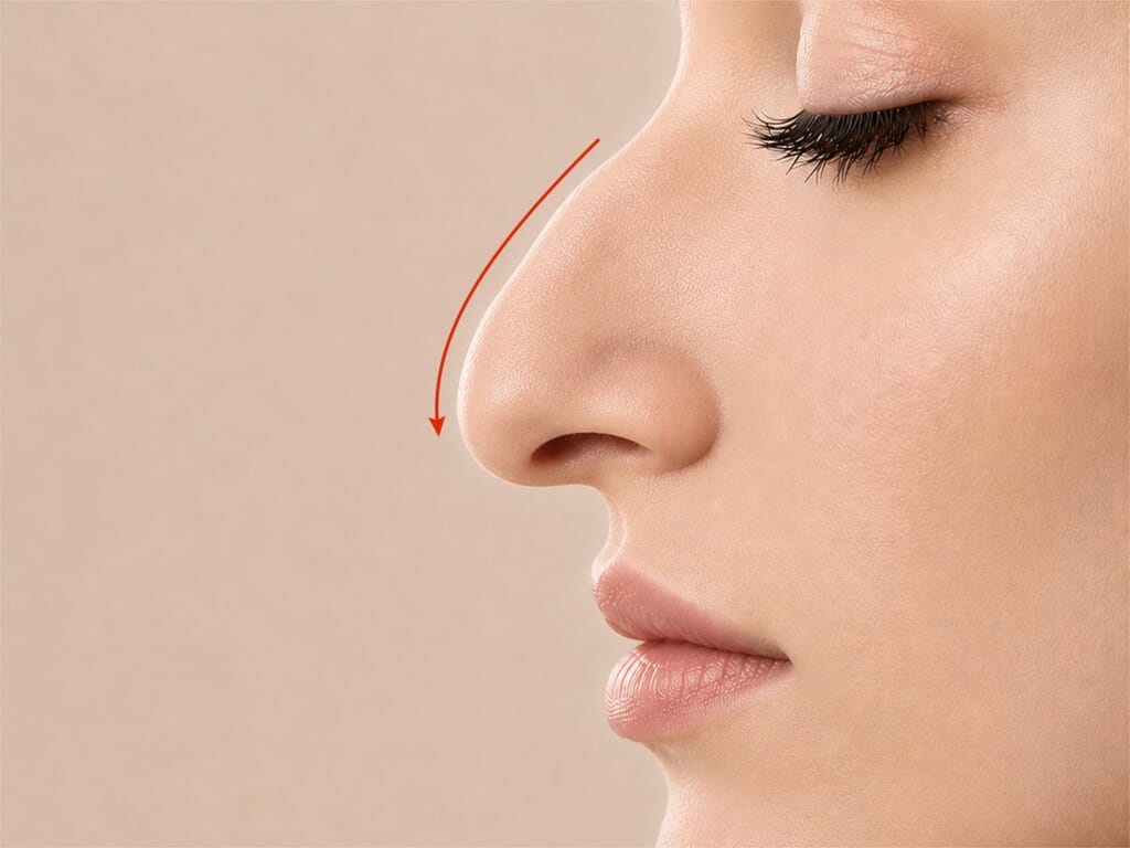 Side profile of a woman's nose with a red line highlighting the nasal tip for tip refinement surgery.