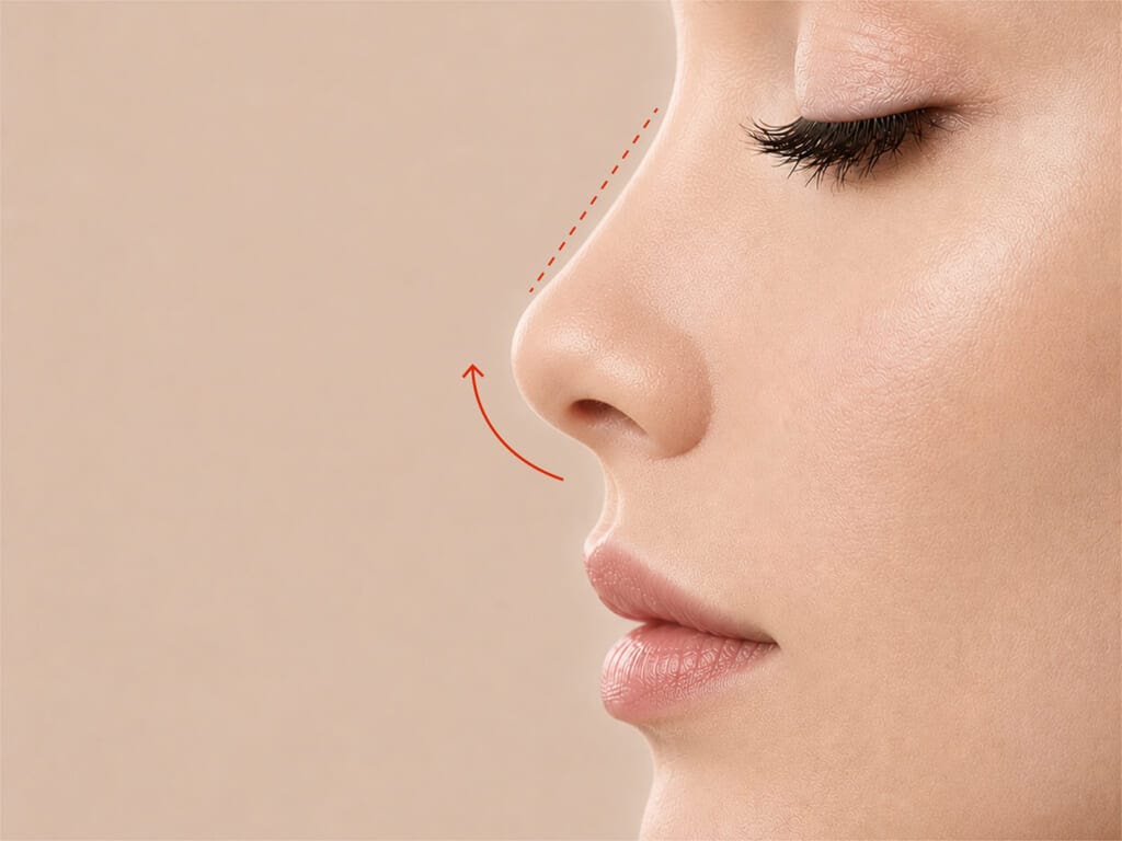 Side profile of a woman's nose with a red arrow showing nasal bridge height enhancement.