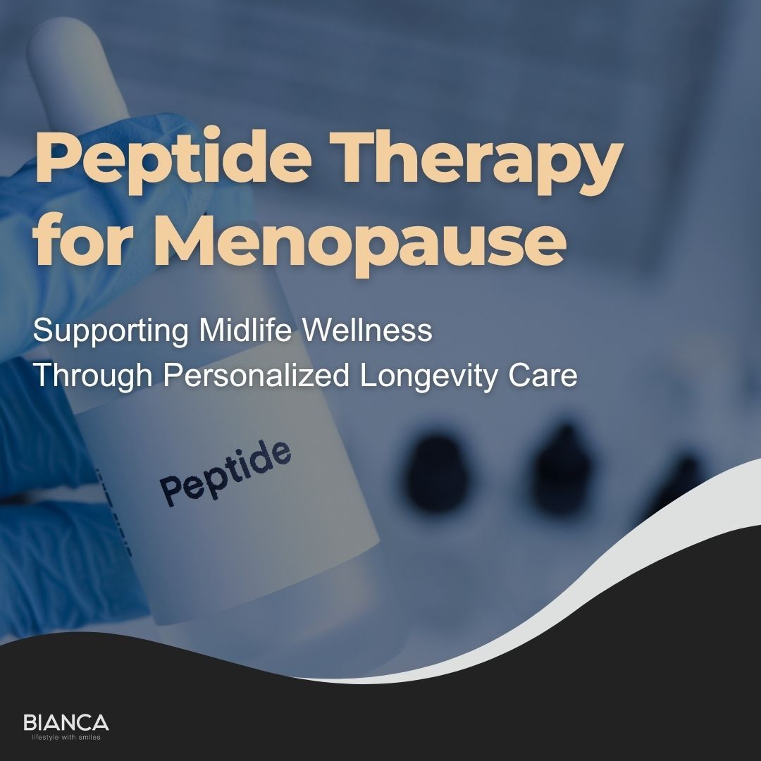 Gloved hand holding a peptide bottle with text "Peptide Therapy for Menopause: Supporting Midlife Wellness Through Personalized Longevity Care"