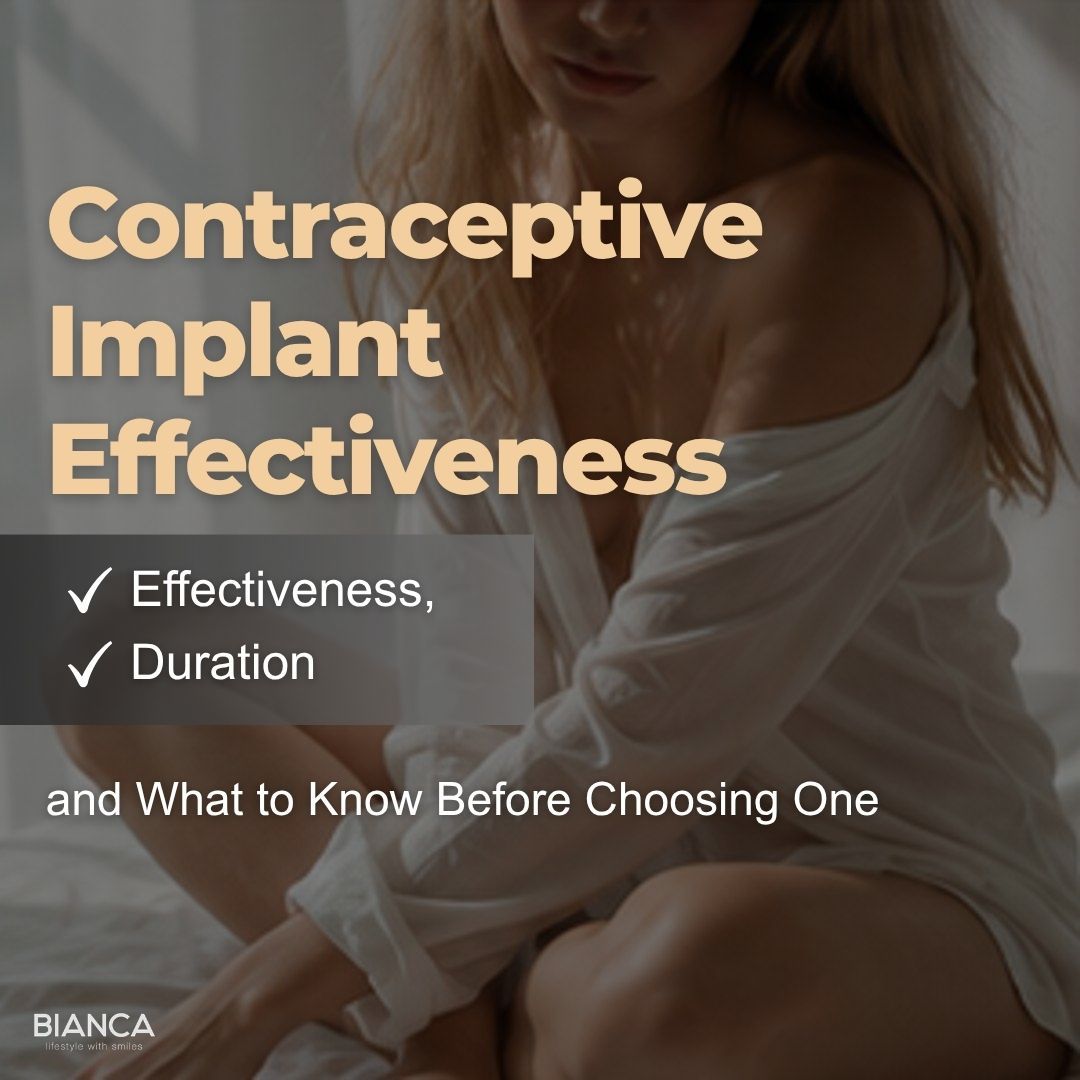 Woman sitting comfortably with text "Contraceptive Implant Effectiveness: Effectiveness, Duration, and What to Know Before Choosing One"