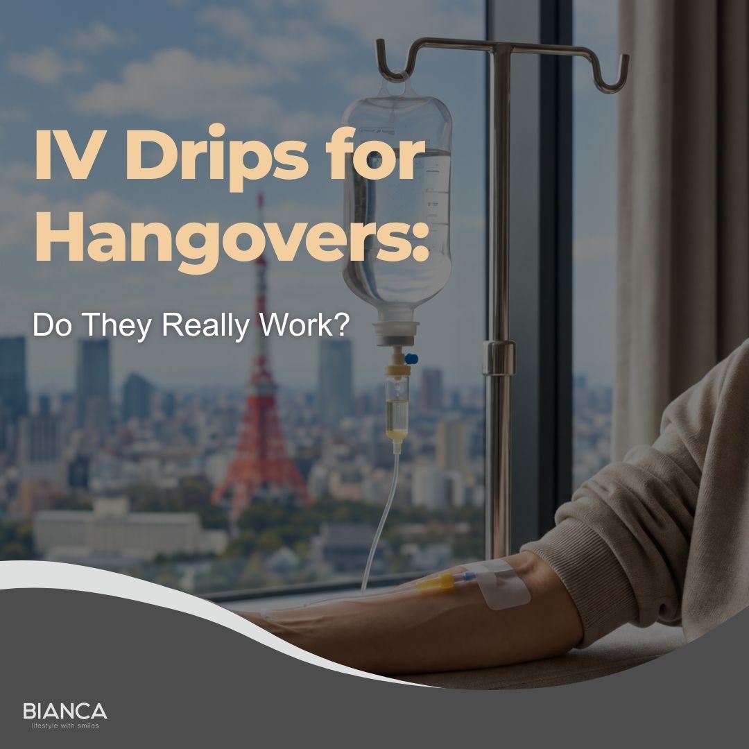 A person receiving IV drip therapy near a window overlooking Tokyo, with text reading "IV Drips for Hangovers: Do They Really Work?
