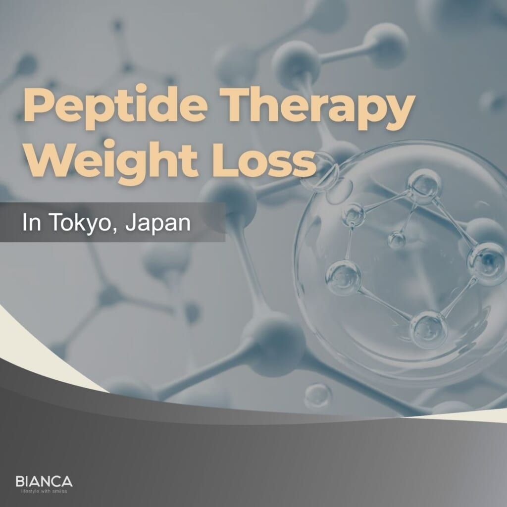 Abstract molecular structures background with text reading "Peptide Therapy Weight Loss In Tokyo, Japan"