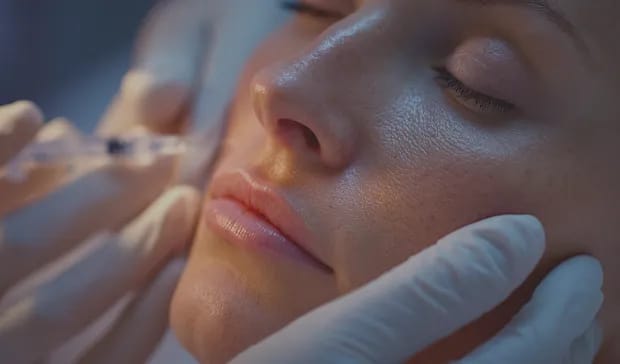 A woman receiving an injection at an aesthetic clinic.