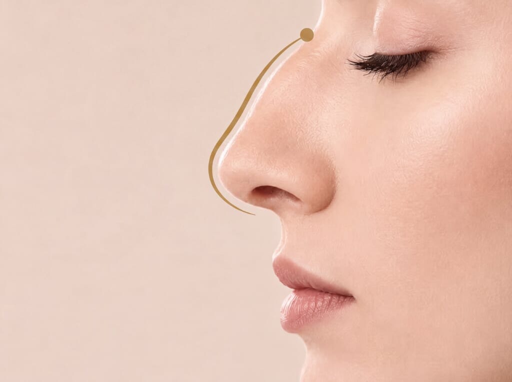 Side profile of a woman's nose with a gold line indicating a bump on the bridge for hump golduction assessment.