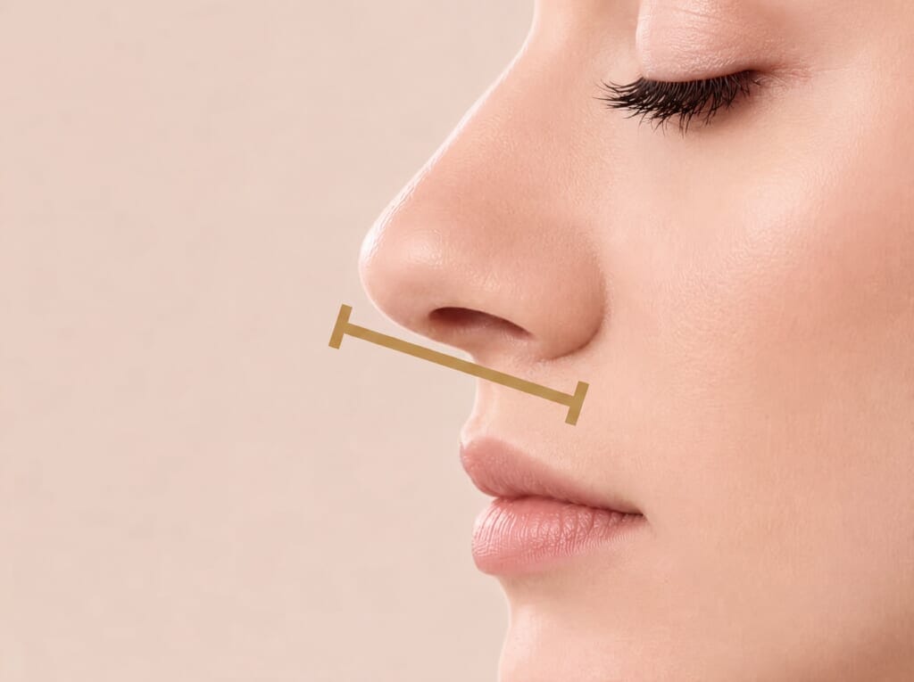 Side profile of a woman's nose with a gold dotted line highlighting the nostrils for wide nose golduction.