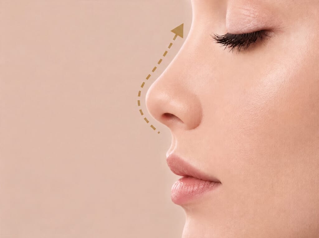 Side profile of a woman's nose with a gold arrow showing nasal bridge height enhancement.