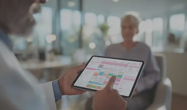 Doctor reviewing appointment schedule on tablet with seated patient