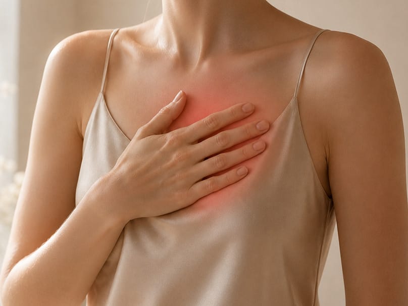 Woman with hand on chest highlighting discomfort near an existing breast implant