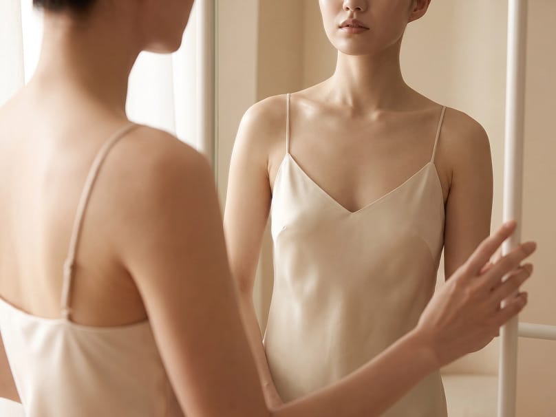 Woman looking at her reflection while considering her breast implant options