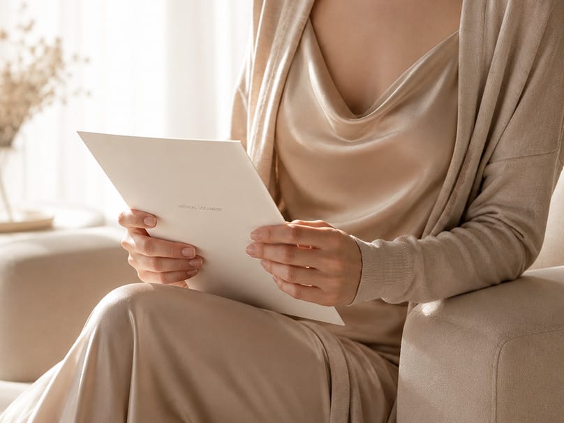 Woman reviewing a medical consultation document at home