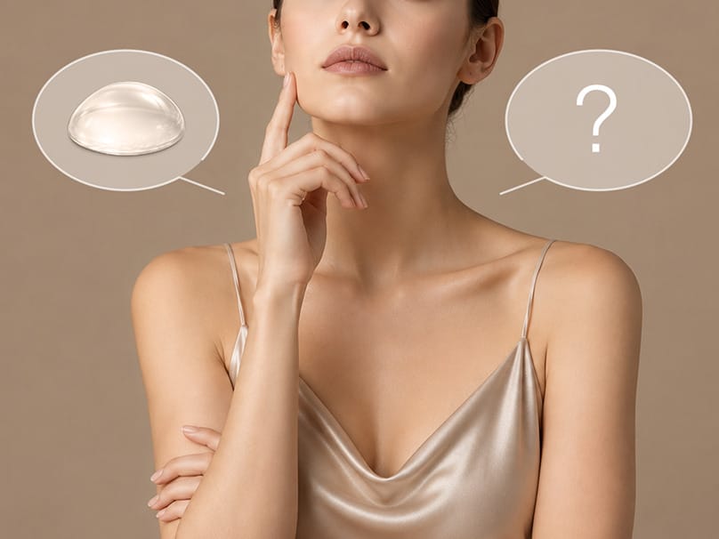 Woman considering implant removal with a question mark, weighing her next decision